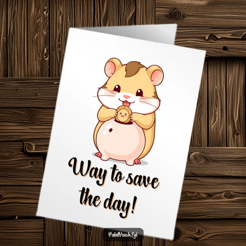 Funny Free Printable Congratulations Card showing a small hamster character focused on depositing a single coin into a miniature piggy bank.