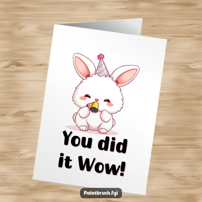 Funny Free Printable Congratulations Card shows a fluffy bunny wearing a party hat and blowing a noisemaker with excitement.