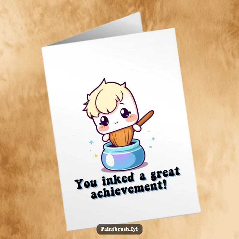 Funny Free Printable Congrats Card: Curious paintbrush character gazes into a shimmering ink pot, ready for new insights.