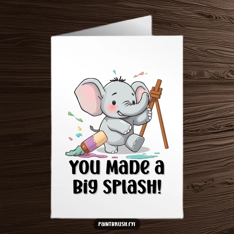 Funny Free Printable Elephant Congratulations Card: An elephant causes a paint explosion after tripping, celebrating their achievement.