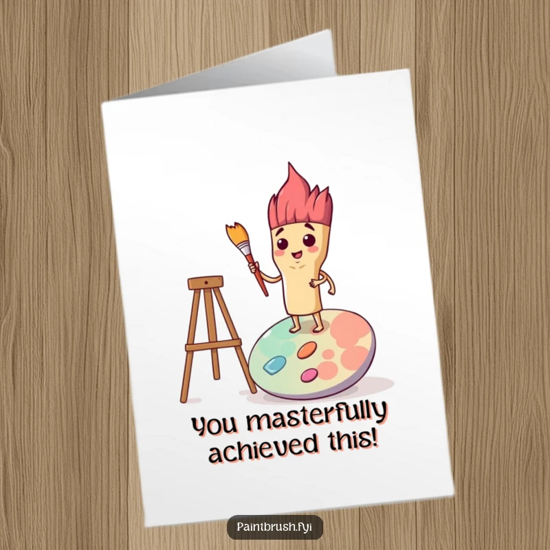 Funny Free Printable Congrats Card: Determined paintbrush character poses triumphantly on a large palette, brush held high.