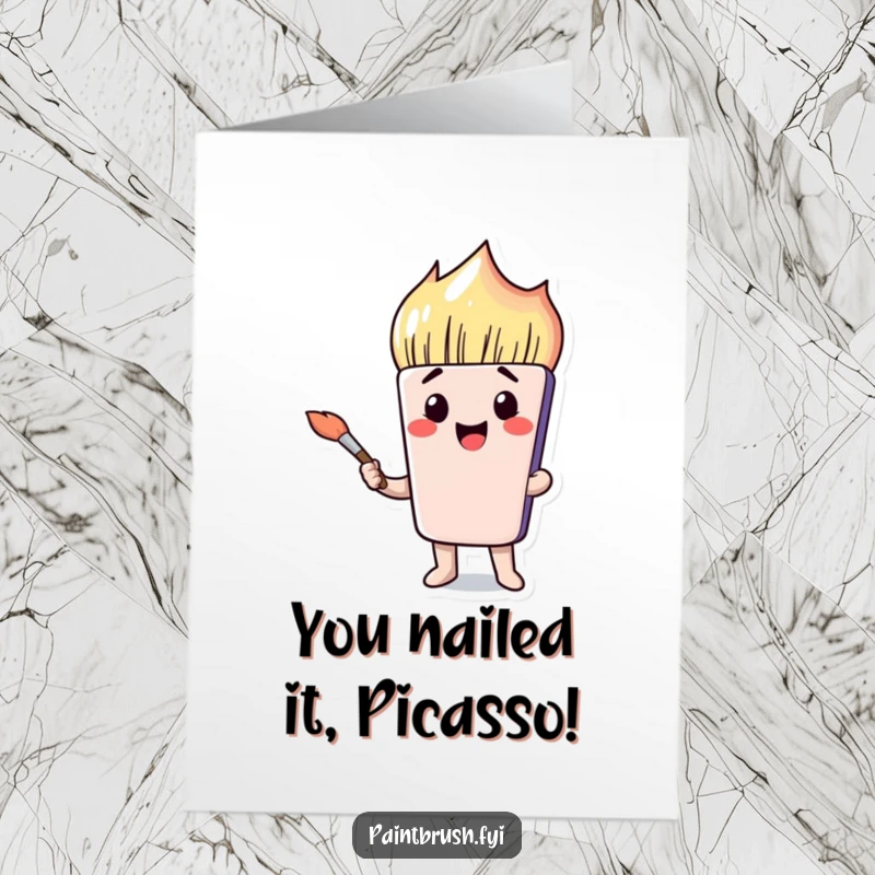 Free printable congratulations card with a paintbrush character pulling a funny face, holding a brush ready to celebrate.