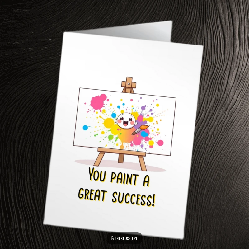 Funny Free Printable Congrats Card: Cheerful paintbrush character splattering vibrant paint, celebrating artistic achievement.