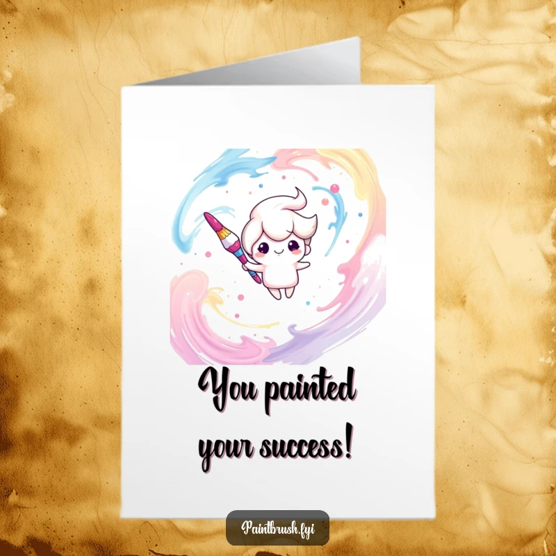 Funny Free Printable Congrats Card: Dreamy paintbrush character floats joyfully amidst swirling paint strokes, celebrating success.