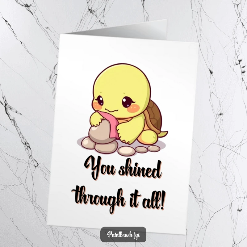 Funny Free Printable Congratulations Card featuring a focused turtle character diligently polishing a single, gleaming pebble with dedicated care.