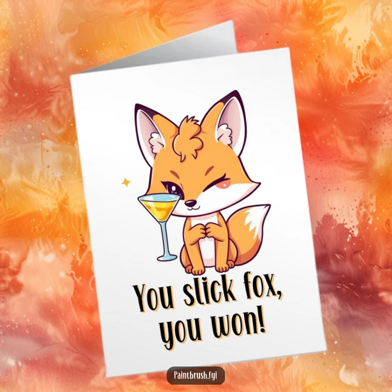 Funny Free Printable Congratulations Card shows a sophisticated fox holding a cocktail and giving a sly wink.