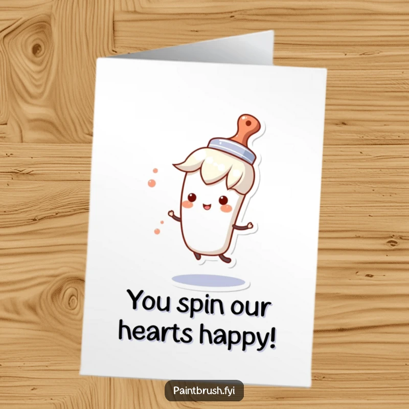 Funny Free Printable Congratulations Card: A paintbrush character sporting a tiny hat, spinning with pure happiness, celebrating good news.