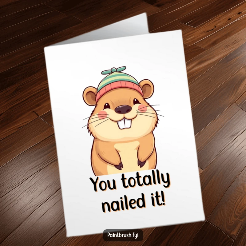Funny Free Printable Congratulations Card showing a happy capybara sporting a playful, tiny propeller beanie.