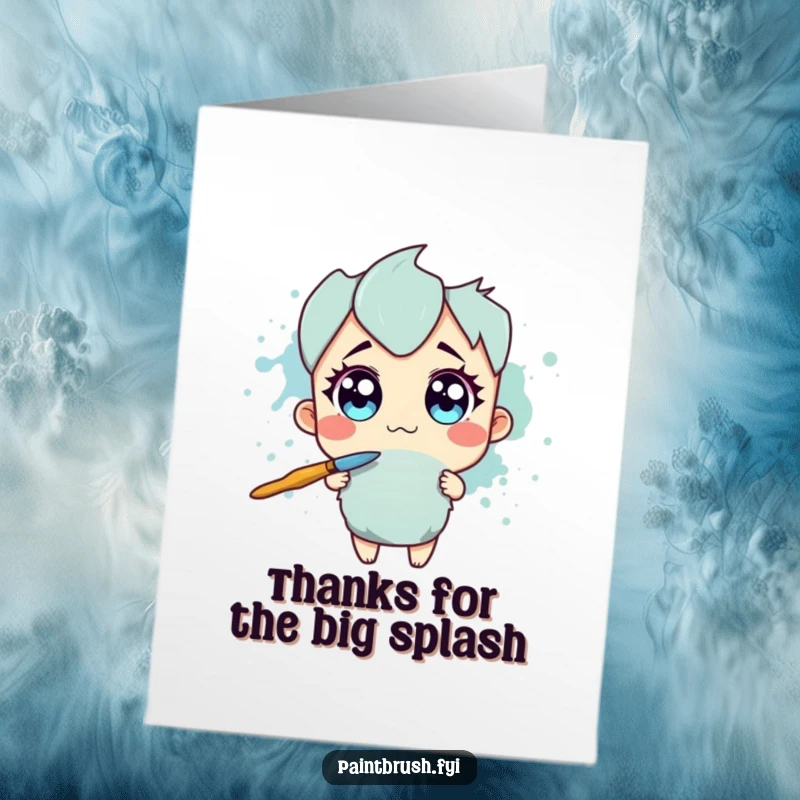 Funny Free Printable Thank You Card: Paintbrush character with wide eyes recoiling from a large splotch of ink, looking surprised.