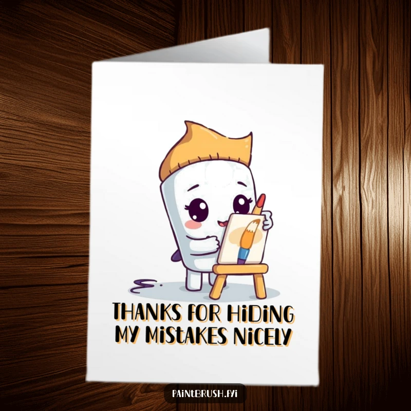 Funny Free Printable Paintbrush character peeking from behind a tiny easel, conveying a humorous thank you.