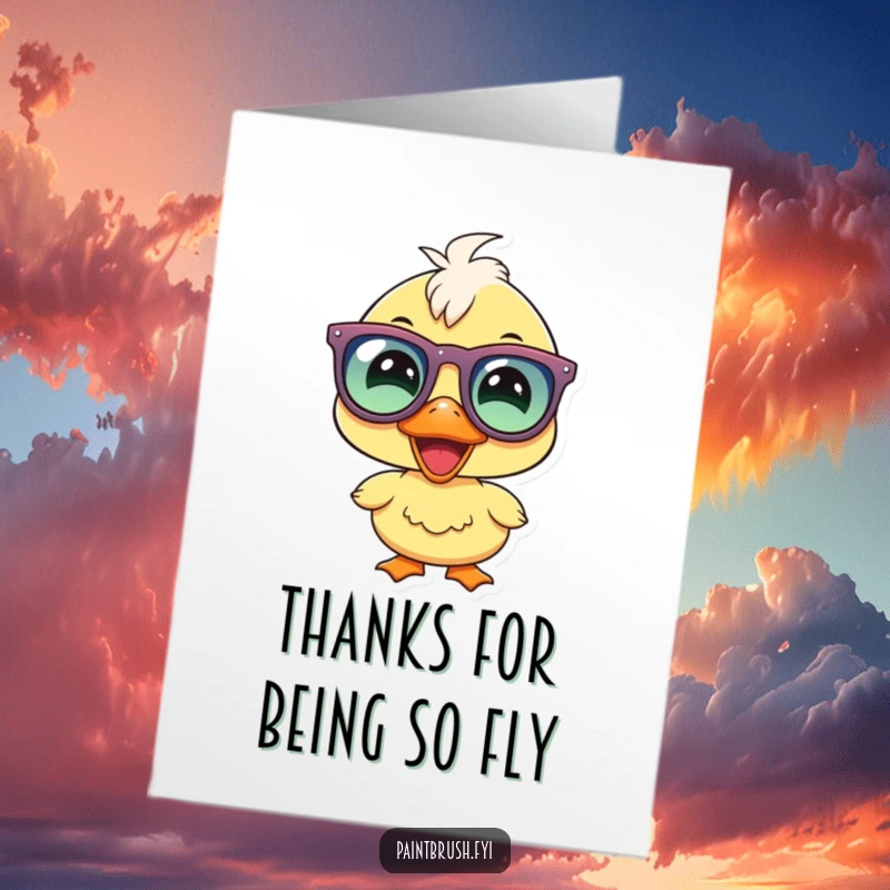 Funny Free Printable Thank You Card featuring a joyous duckling wearing oversized party glasses, expressing thanks happily.
