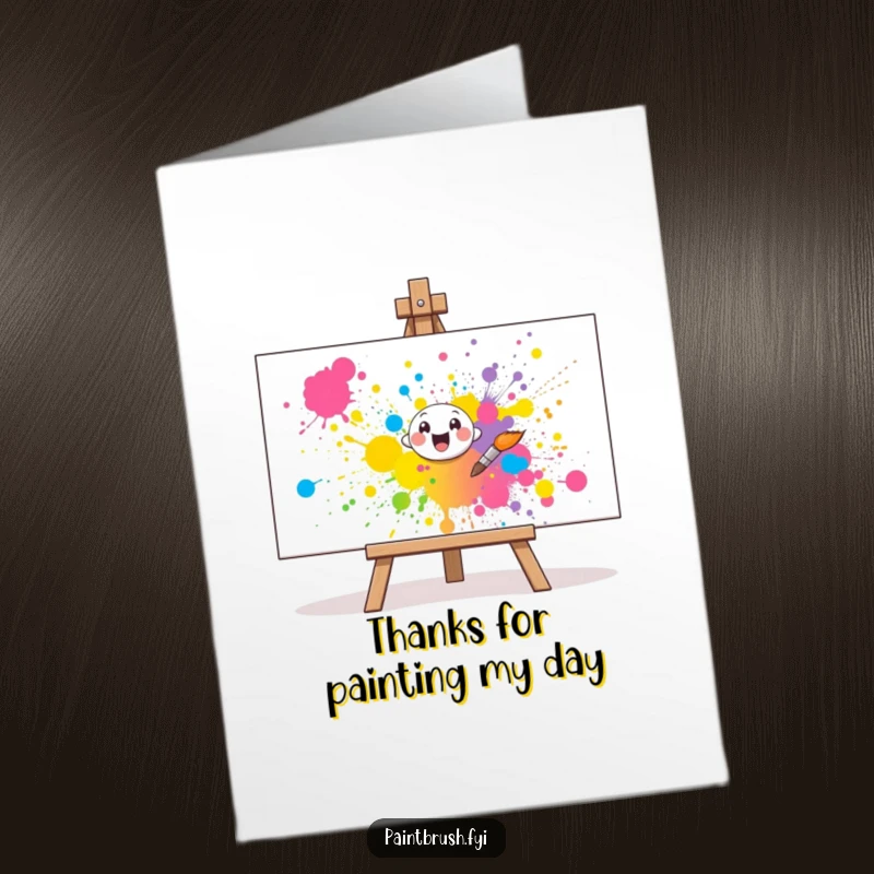 Funny Free Printable Thank You Card: Small paintbrush character cheerfully splattering paint, a colorful thank you.