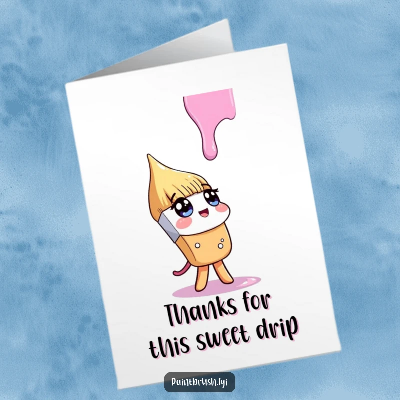Funny Free Printable Thank You Card: Paintbrush character looking up inquisitively at a falling paint drip, a whimsical downloadable art.