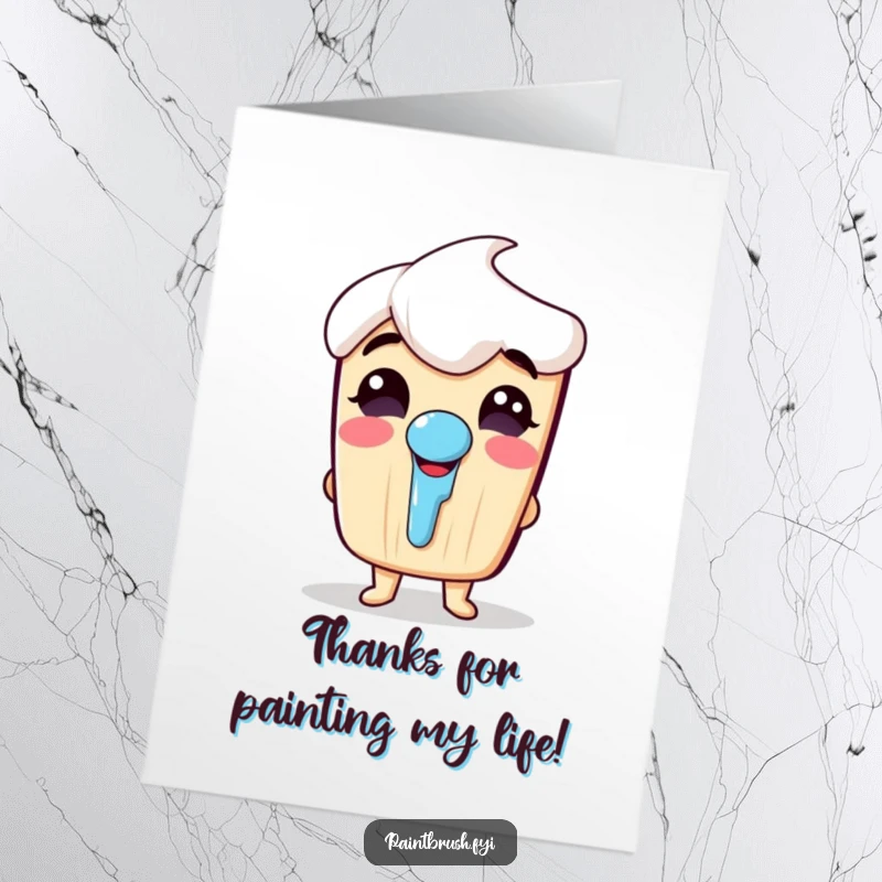 Funny Free Printable Thank You Card: A joyful paintbrush character with a paint drip nose giggles with thanks, perfect for appreciation.