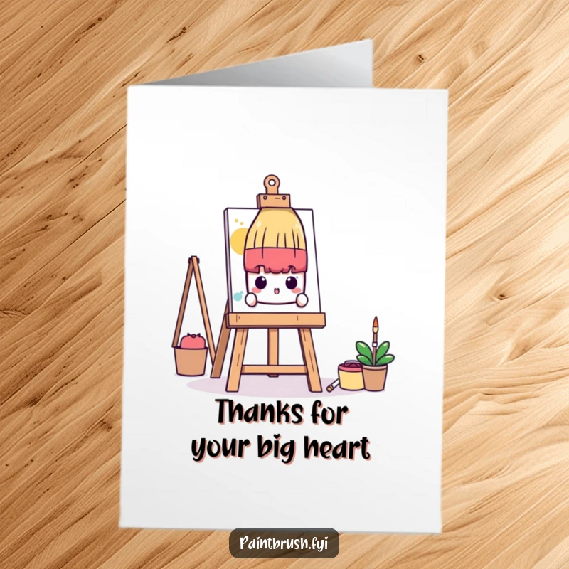 Funny Free Printable Thank You Card: Shy paintbrush character peeking from behind a huge easel, gentle artistic humor.