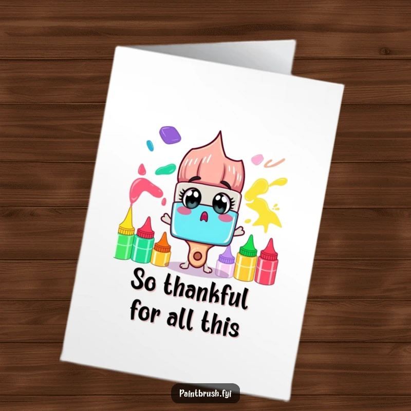 Funny Free Printable Thank You Card: Surprised paintbrush character with wide eyes looking at rainbow paint tubes, expresses awe.
