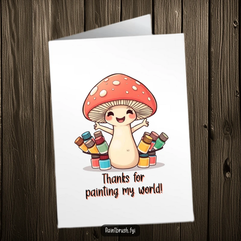 Funny Free Printable Thank You Card featuring a mushroom artist precariously balancing colorful paint pots, a true balancing act.