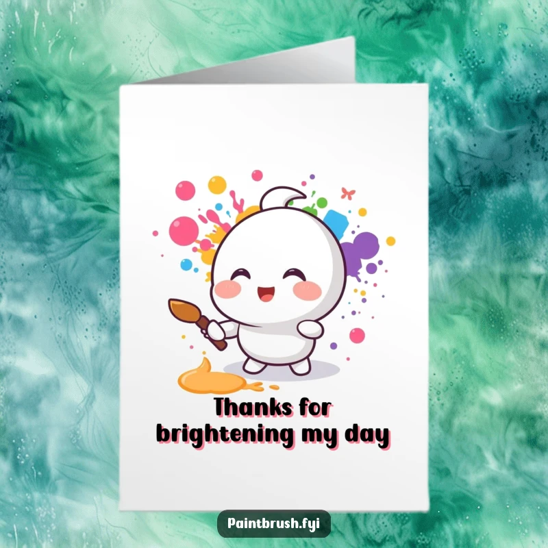 Funny Free Printable Thank You Card: Small round character joyfully splattering rainbow paint, a thank you with flair.