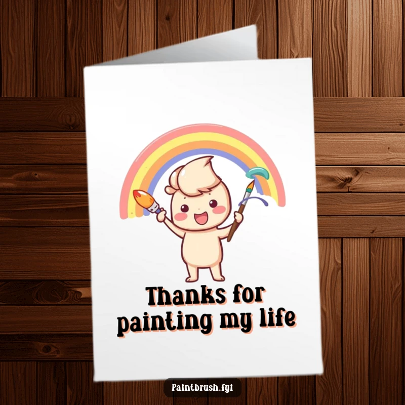 Funny Free Printable Thank You Card featuring a happy paintbrush painting a vibrant rainbow arc, offering a cheerful way to say thanks.