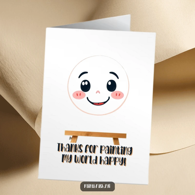Funny Free Printable Thank You Card: An earnest paintbrush character focuses on painting a bright smiley face, expressing heartfelt thanks.