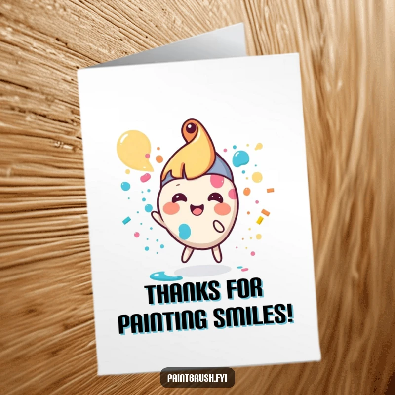 Funny Free Printable Thank You Card: Small, round paintbrush character joyfully splattering paint, expressing thanks.