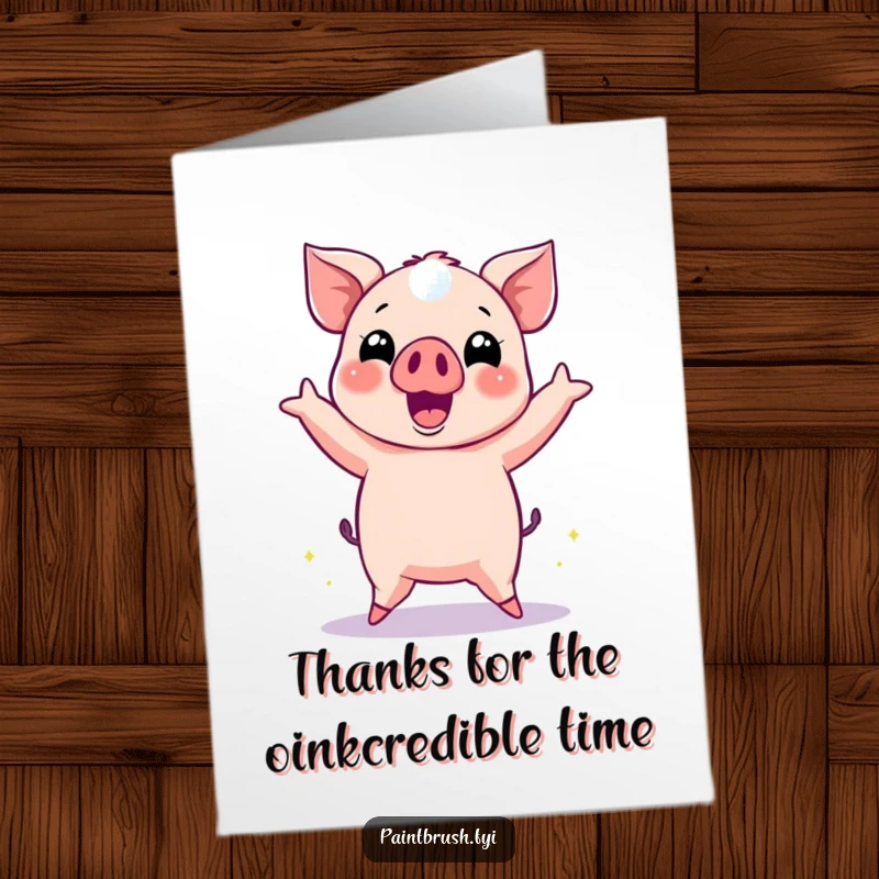 Funny Free Printable Thank You Card shows a happy pig dancing energetically, complete with disco ball reflections.