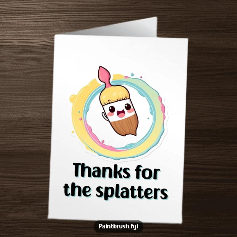 Funny Free Printable Thank You Card: Paintbrush character enthusiastically splashing paint in a spiral pattern, showing thanks.