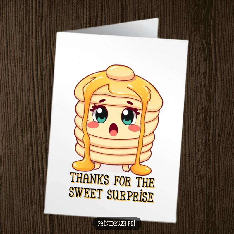 Funny Free Printable Thank You Card: Surprised Pancake Character Eyes Wide, Expressing Shocked Gratitude with Syrup