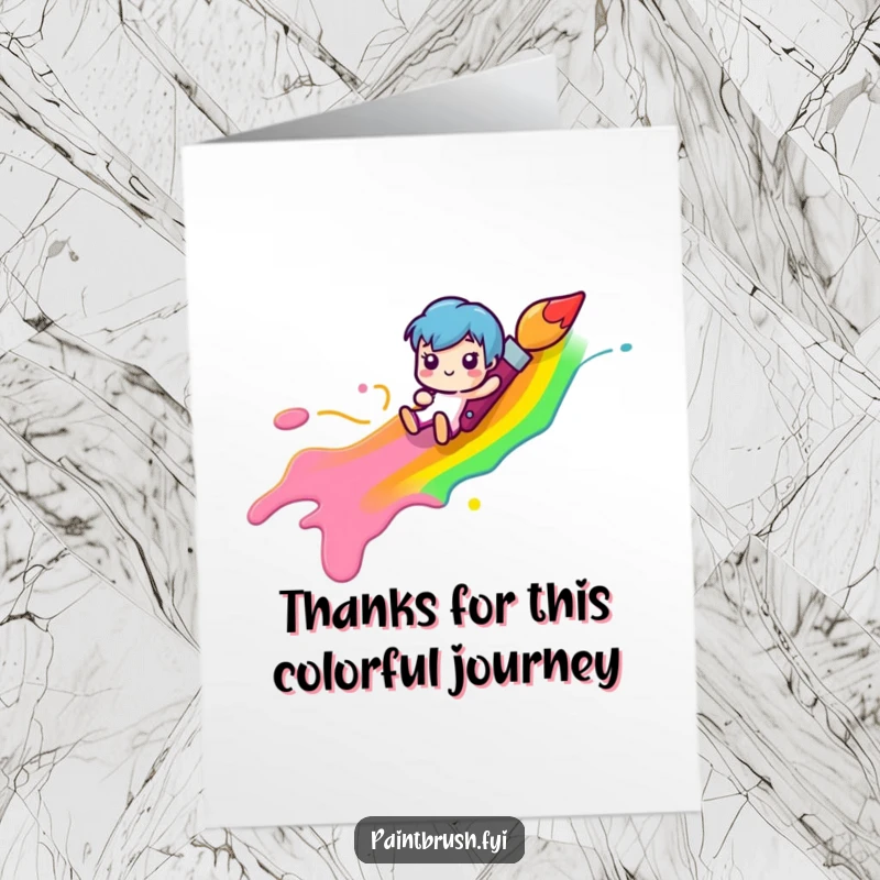 Funny Free Printable Paintbrush character sliding down a vibrant rainbow paint streak, offering colorful and humorous thanks.