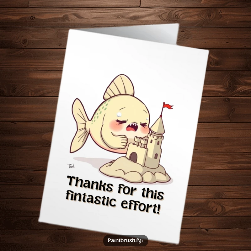 Funny Free Printable Fish Thank You Card: A fish artistically sculpting a tiny castle expresses its gratitude.