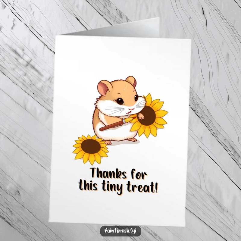 Funny Free Printable Hamster Thank You Card: A curious hamster decorating a sunflower seed elegantly says thank you.