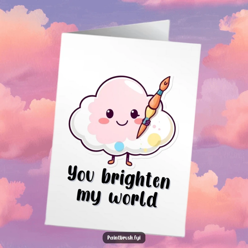 Funny Free Printable Thank You Card: Paintbrush character happily painting a smiley face on a cloud, a sweet and downloadable art.