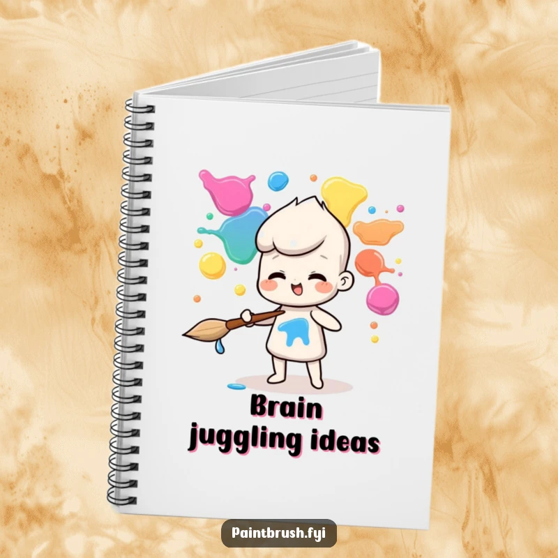 Funny notebook cover with a paintbrush character expertly juggling colorful paint blobs, encouraging creative expression.