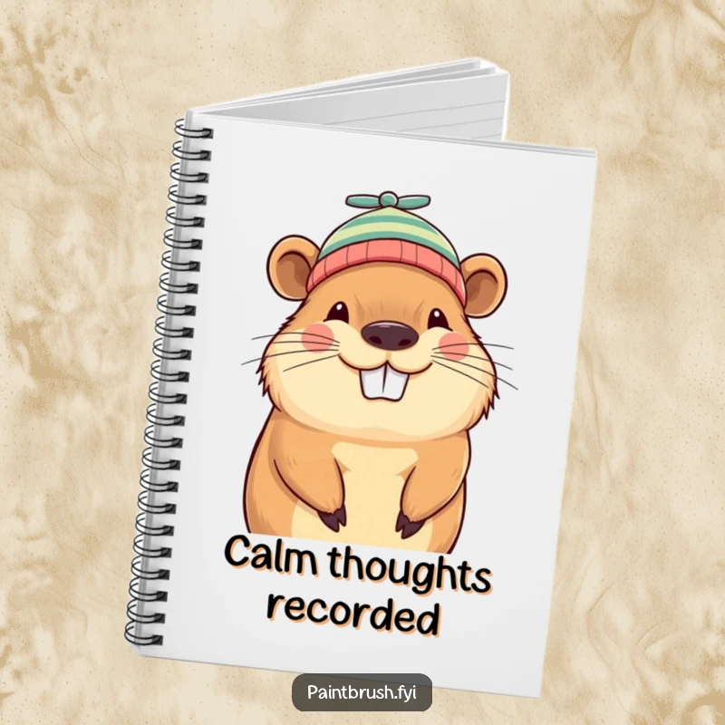 Funny capybara beanie notebook, grinning capybara wearing a tiny propeller beanie, perfect for journaling and note-taking.