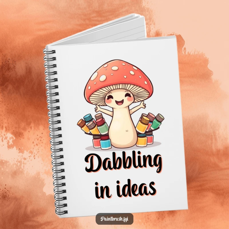 Funny mushroom notebook showing a cheerful mushroom struggling to balance numerous tiny paint pots, encouraging creative thought.