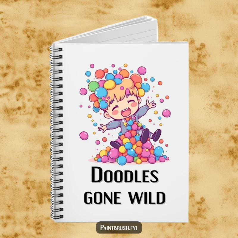 Funny painter character tripping, with colorful paint blobs scattering, on the cover of a notebook, ready for notes.