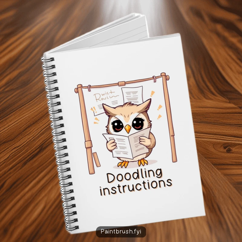 Funny owl notebook showing a confused owl trying to read instructions upside down on a canvas, for thoughtful note-taking.