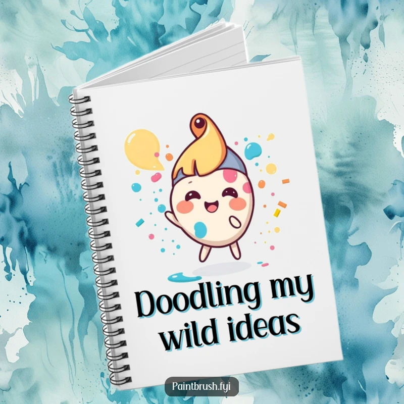 Funny paintbrush notebook with a small, round character splattering paint, ideal for notes and sketching.