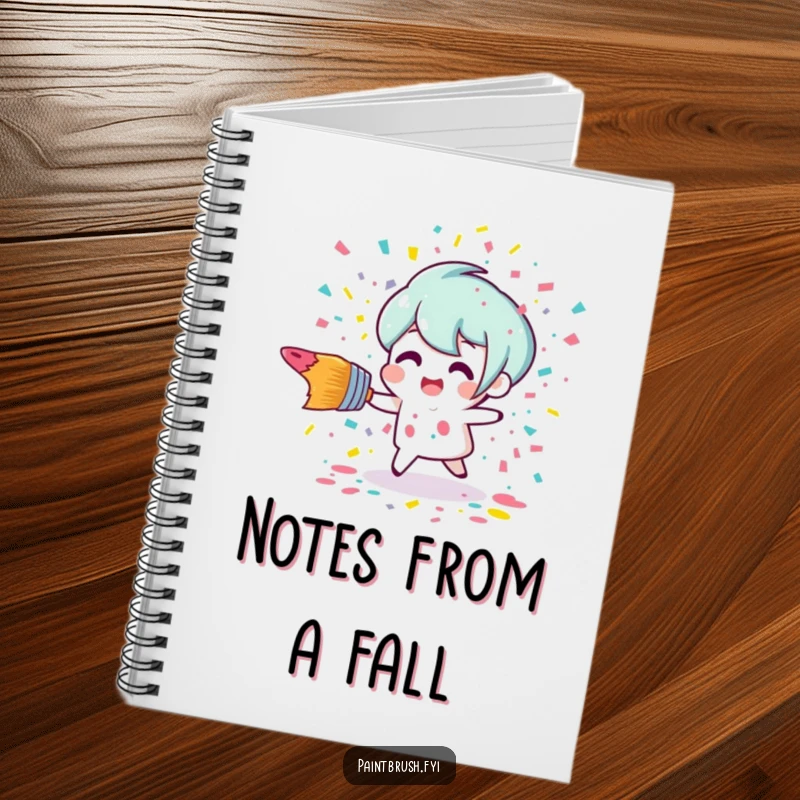 Funny tripping paintbrush and scattering paint confetti on a notebook cover, inspiring creativity and laughter for artists.
