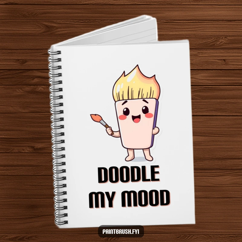 Funny paintbrush character with a comical face on a notebook cover, inspiring creativity and laughter for journal keepers.