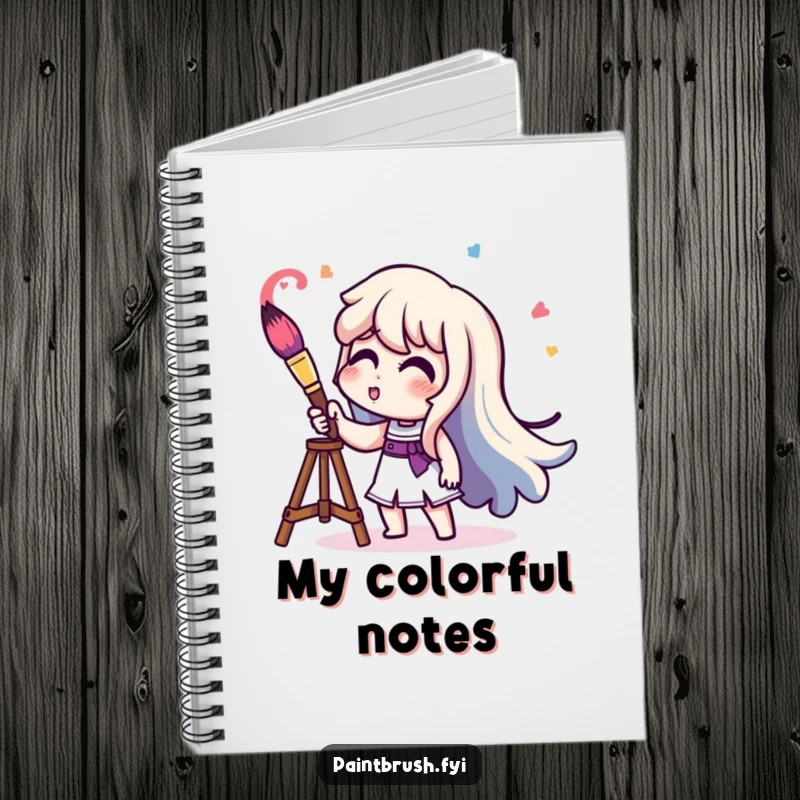 Funny character playing a paintbrush like a trumpet, emitting colorful sound, a humorous notebook.