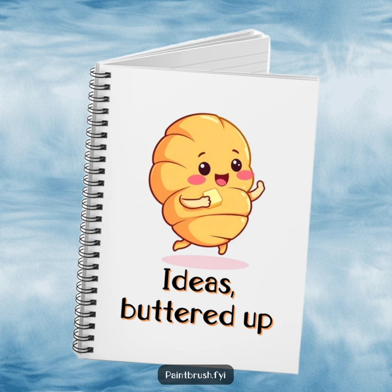 Funny croissant character doing a cheerful jig with a pat of butter, encouraging creative writing and note-taking with a smile.