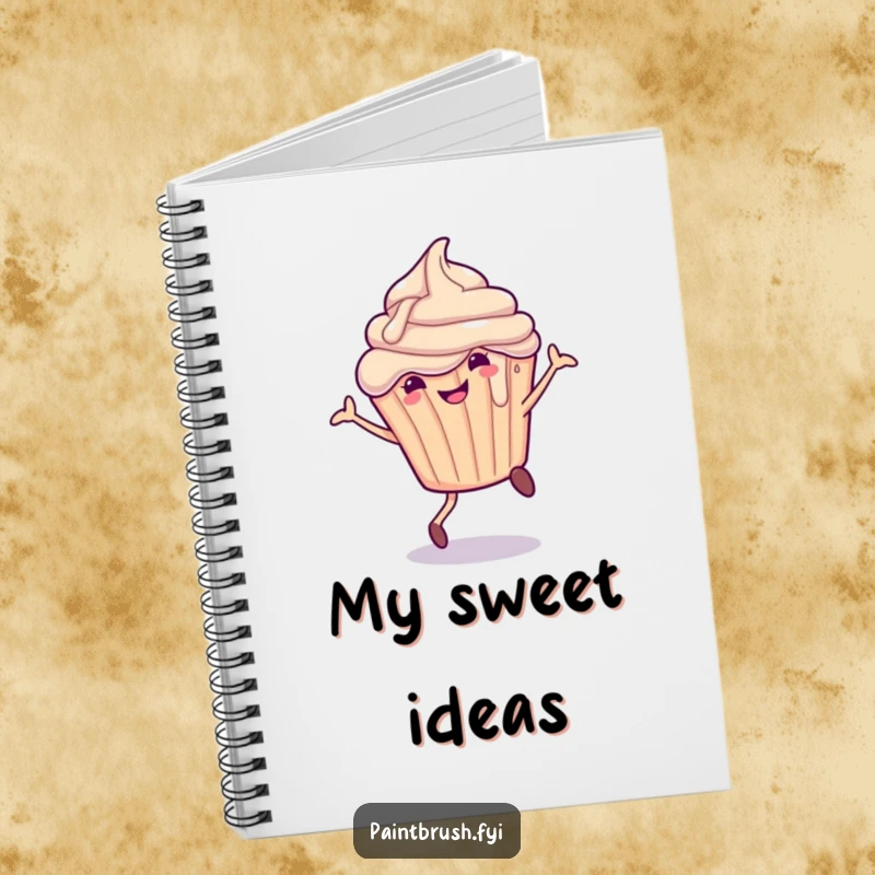 Funny Notebook with a smiling cupcake character, frosting dripping, doing a cartwheel, perfect for jotting down sweet ideas.