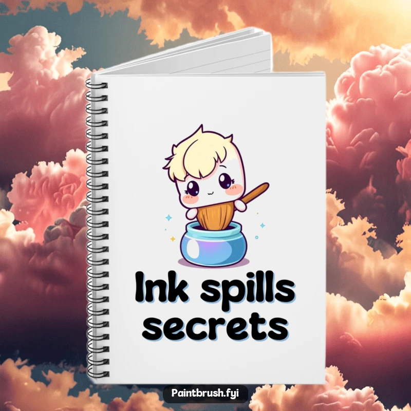 Funny notebook cover with a curious paintbrush character dipping into a pot of shimmering ink, ideal for creative journaling.