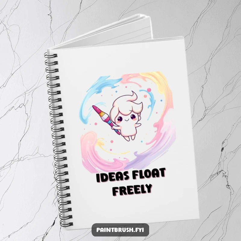 Funny notebook cover featuring a dreamy paintbrush character drifting through a colorful swirl of paint, perfect for creative notes.