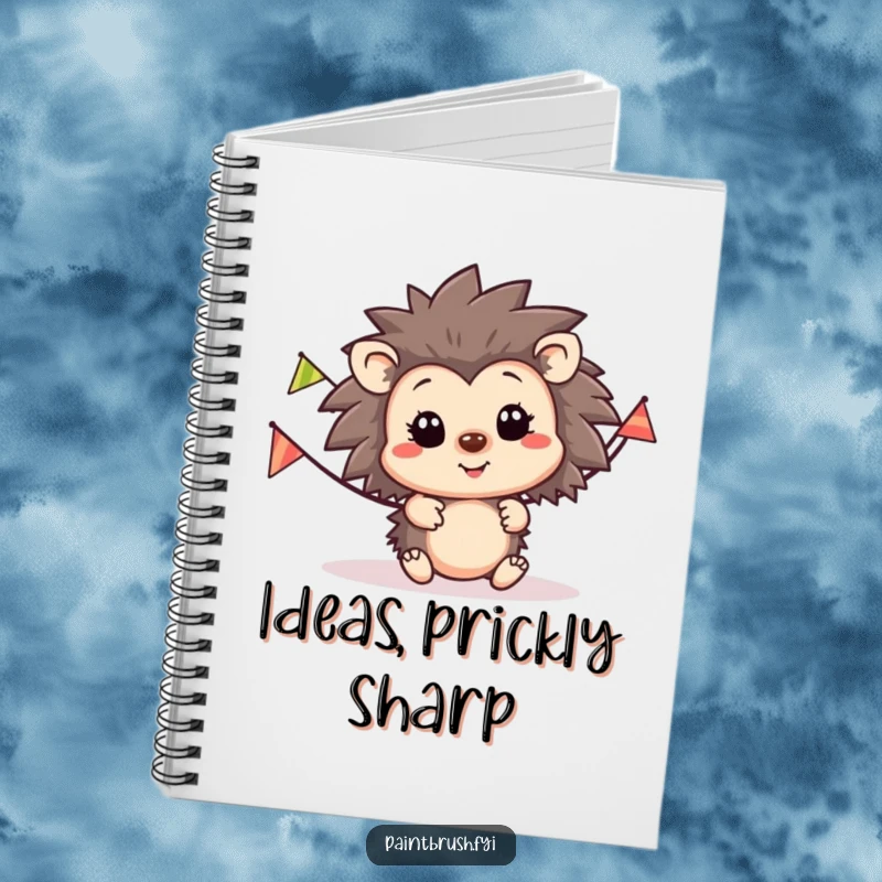 Funny hedgehog party notebook, happy hedgehog character with a striped party banner, perfect for writing happy thoughts.