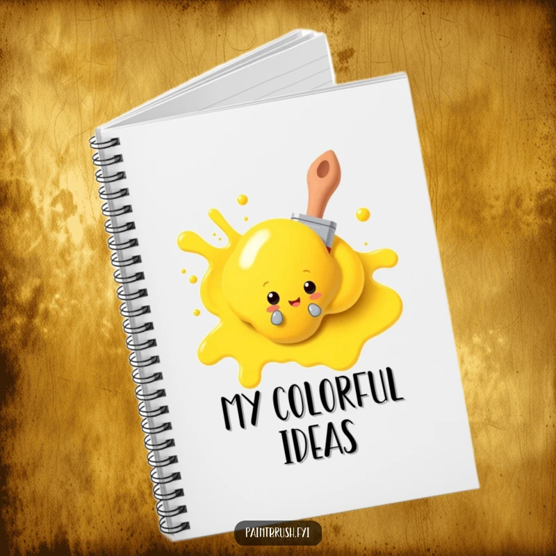 Funny paintbrush notebook, playfully peeking from behind a yellow paint blob, ideal for sketching creative ideas. A humorous stationery gift.
