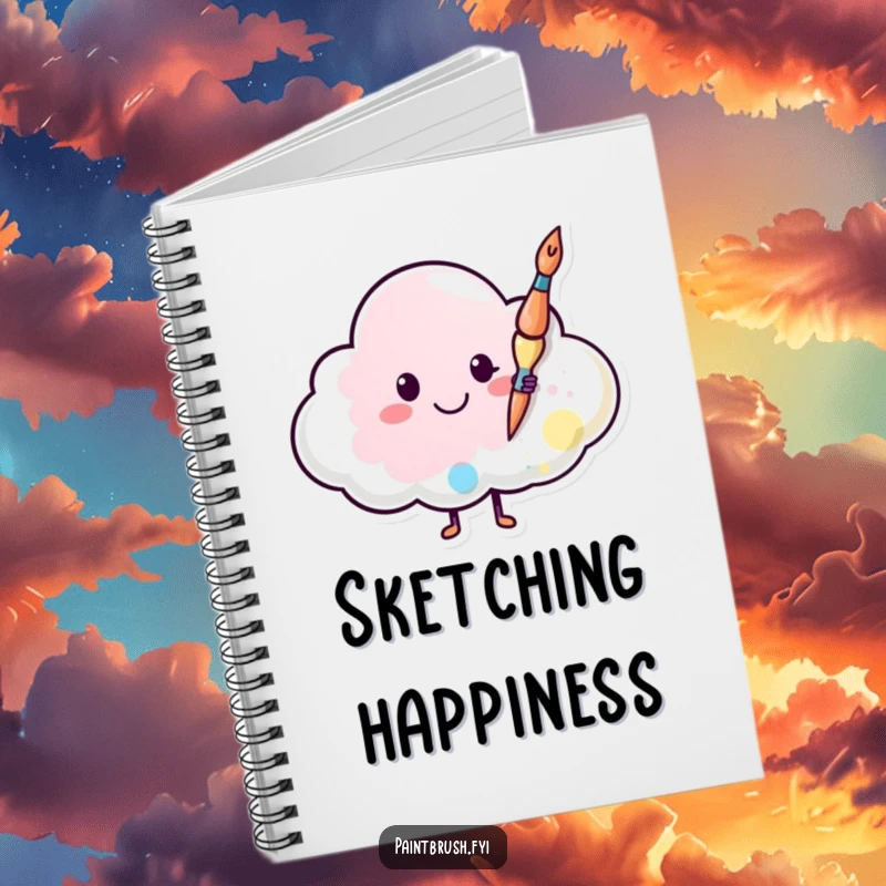 Funny notebook featuring a happy paintbrush painting a smiley face on a cloud, ideal for journaling creative thoughts and happy ideas.