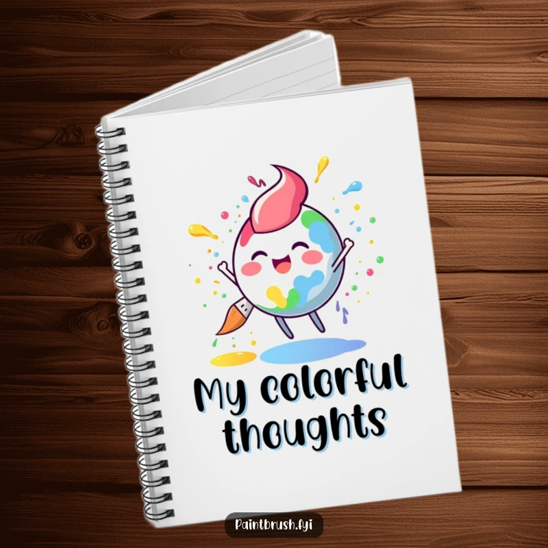 Funny paintbrush notebook with a round character joyfully splattering rainbow paint, ideal for capturing creative thoughts and doodles.