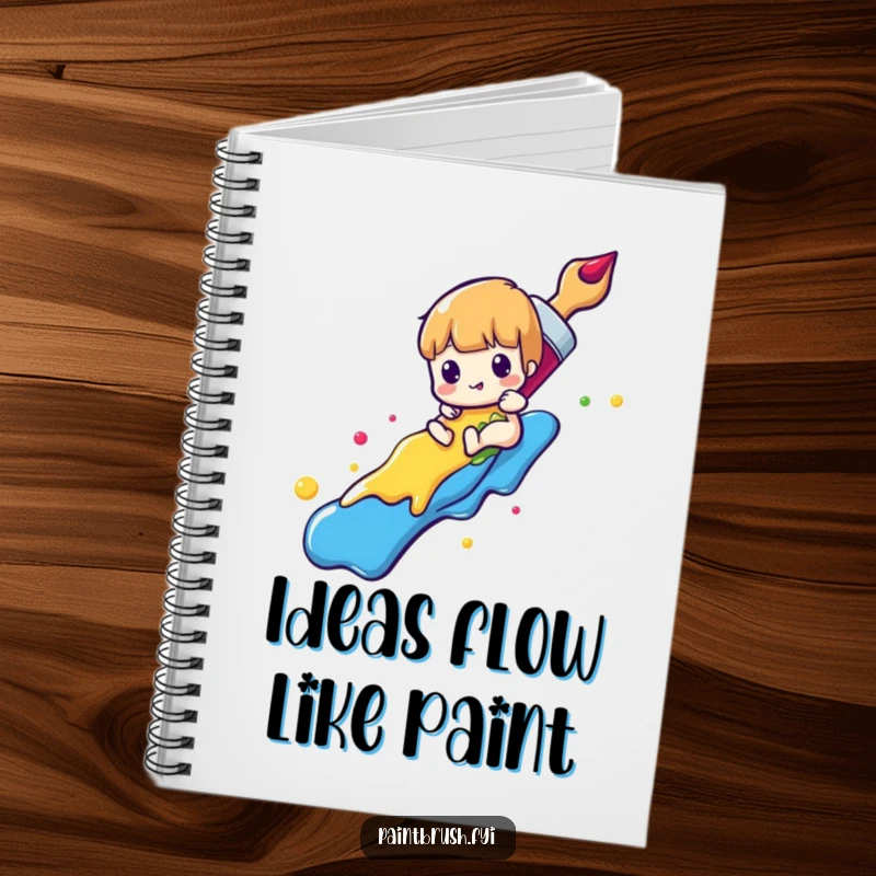 Funny paintbrush notebook with a character sliding down a rainbow of colorful paint, ideal for jotting down creative thoughts.